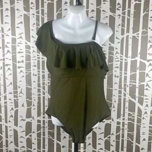 Playa Swim Olive Green Ruffled One Shoulder One Piece Swimsuit sz XL (16)